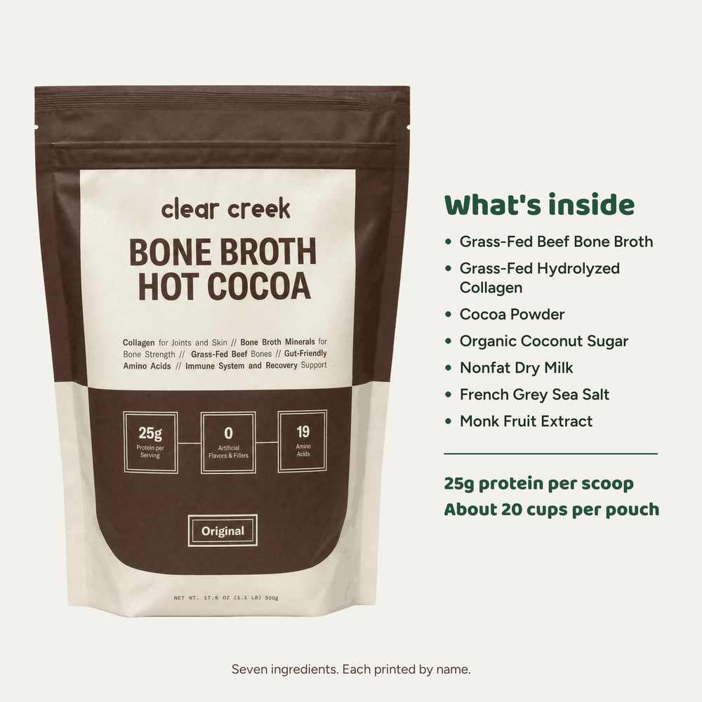 The Clear Creek Bone Broth Protein Hot Cocoa pouch, straight on
