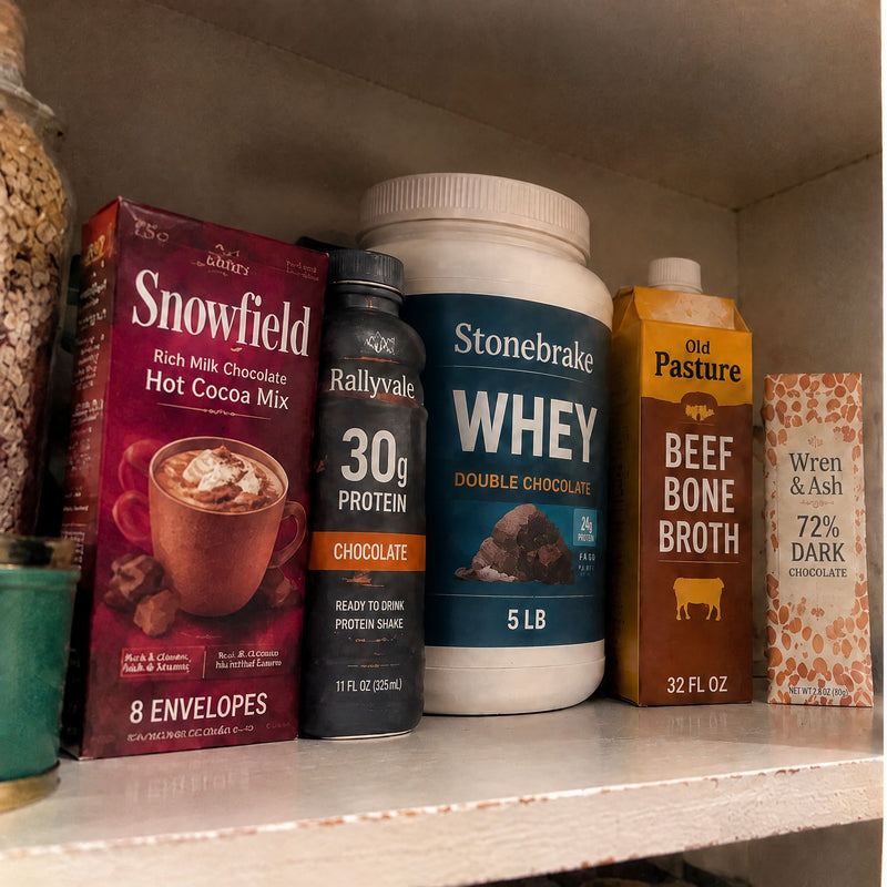 A kitchen cupboard shelf with a box of hot cocoa mix, a protein shake and protein tub, a carton of bone broth and a dark chocolate bar