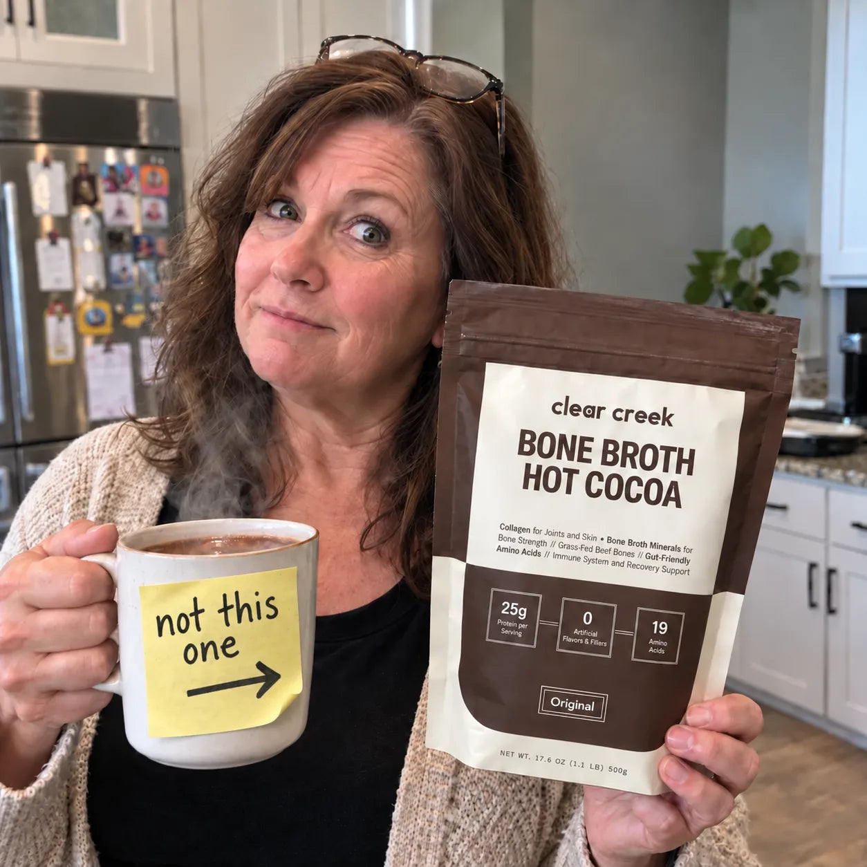 Cocoa is the flavor. Bone broth and collagen supply the protein.
